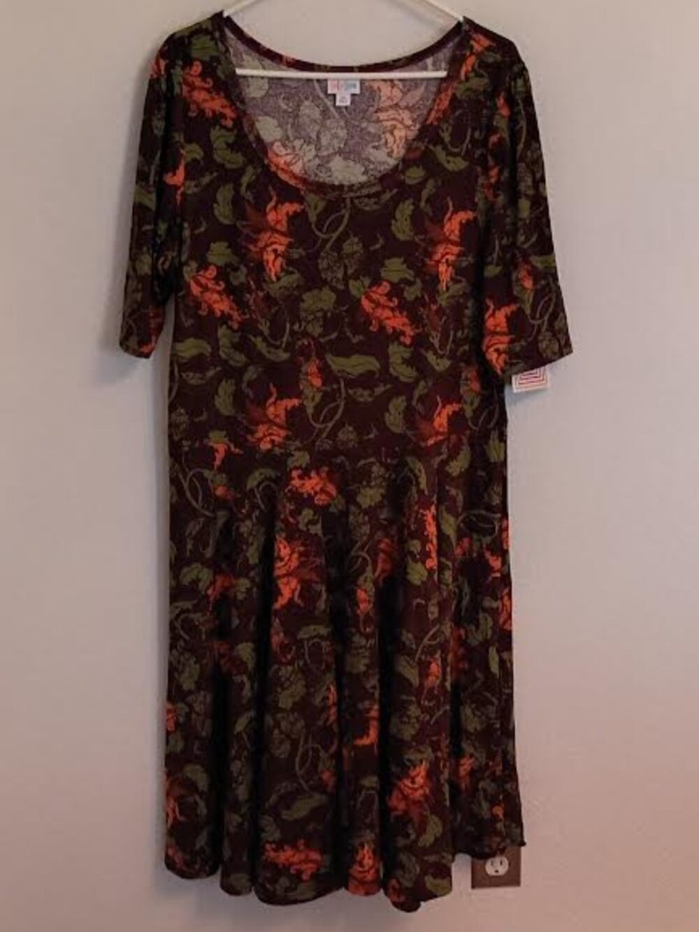 LULAROE DRESS NICOLE PLUM ORANGE FLORAL ELBOW SLEEVES FIT FLARE NWT SIZE 3XL